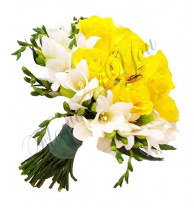Buchete mireasa trandafiri galbeni frezii albe