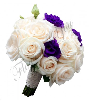 Buchete mireasa trandafiri crem lisiantus mov