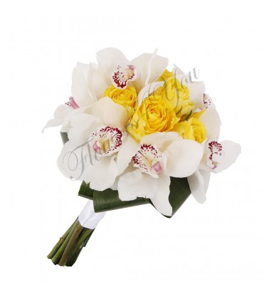 Buchet mireasa trandafiri galbeni orhidee alba