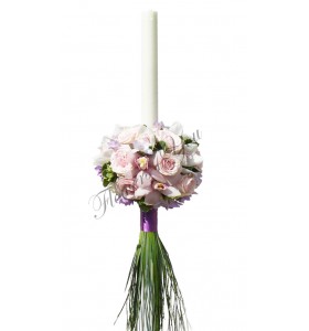 Lumanari nunta trandafiri roz deschis orhidee alba frezia mov-lila