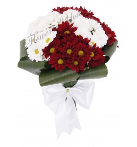 Buchet crizantema alba grena aspidistra