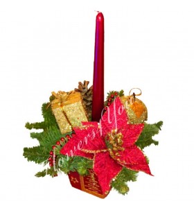 Aranjament craciun floare lumanare rosie glob auriu