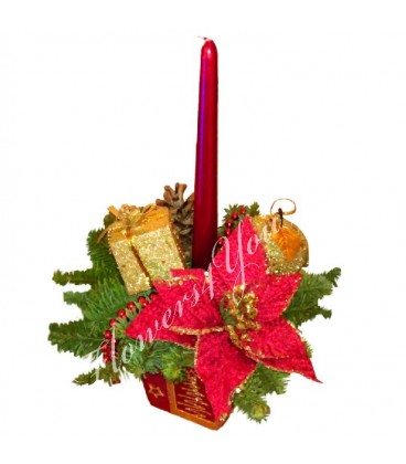 Aranjament craciun floare lumanare rosie glob auriu